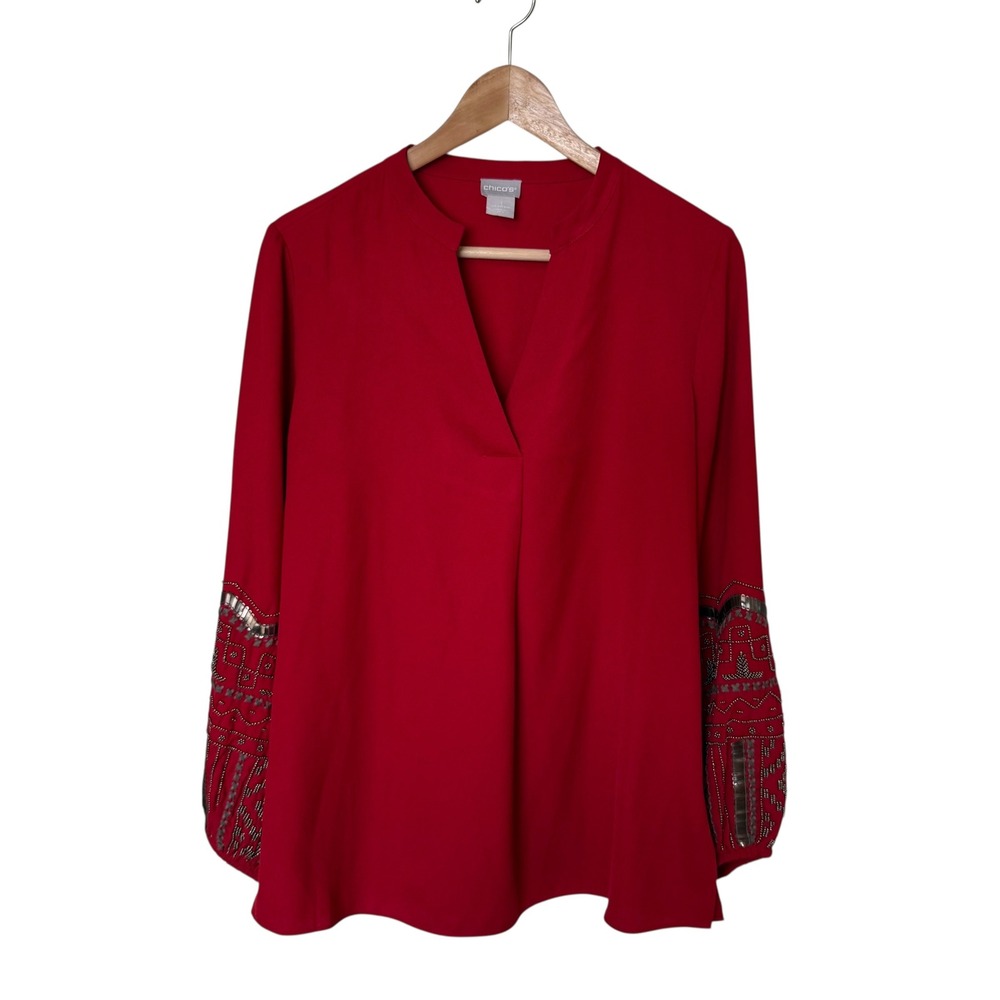 Chico's Beaded Sleeve Blouse Womens‎ 1 Red Excellent Split Neck Sequin Top